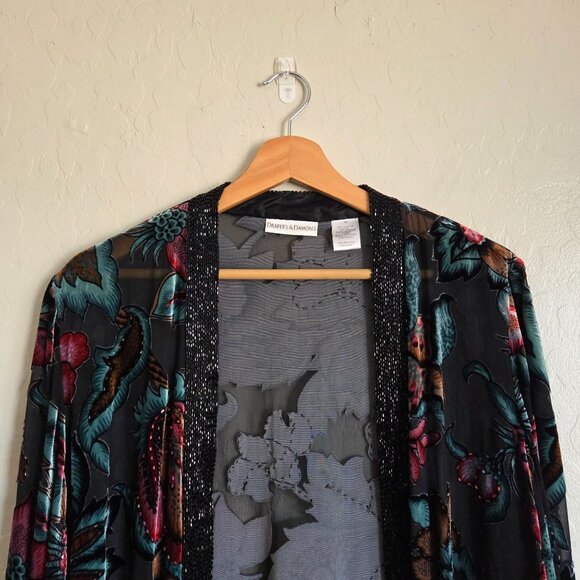 Drapers & Damons Velvet Burnout Beaded Floral Silk Cardigan Womens M Whimsigoth - Picture 3 of 12